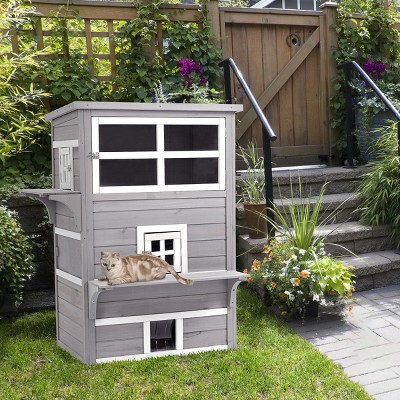 3 Story Outdoor Wooden Cat House with Asphalt Roof Raised Floor Escape Doors Jump Platforms,Feral Cat Shelter for Multiple Cats - LAOTIES