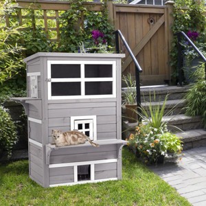 3 Story Outdoor Wooden Cat House with Asphalt Roof Raised Floor Escape Doors Jump Platforms,Feral Cat Shelter for Multiple Cats - LAOTIES - 1 of 4