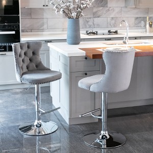Zeus & Ruta 25"–33" Set of 2 Velvet Adjustable Swivel Bar Stools with Tufted Backs & Chrome Base - 1 of 4