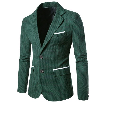 Lars Amadeus Men's Plaid Pattern Button Down Slim Fit Casual Blazer Dark Green Small