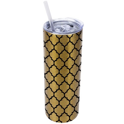 Elanze Designs Vegas Gold 20 Ounce Double Wall Stainless Steel Glitter Travel Tumbler With Sliding Lid And Straw, Moroccan Pattern