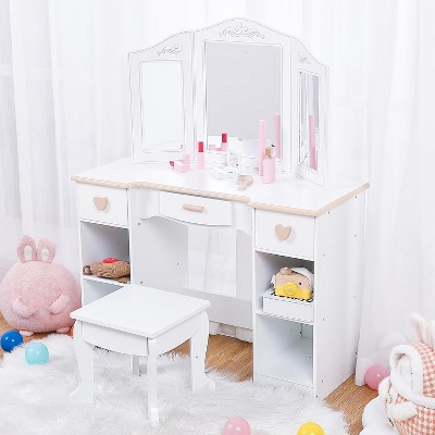 Girls' Vanity Table and Chair Set with Mirror and Drawer, Wooden Makeup Playset for Children, Perfect for 3-9 Yr Kids, White