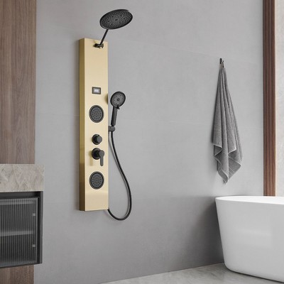 Gold and Black Stainless Steel Shower Panel System with Rainfall Shower Head