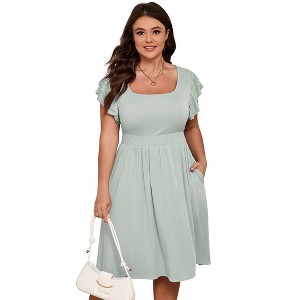 Plus Size Women's Double Sleeve Mini Dress with Pockets Ribbed Textured Casual Bodycon Outfit - 1 of 4
