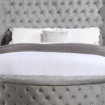 Gaiva Gray Velvet Queen Bed with Storage and Nailhead Trim