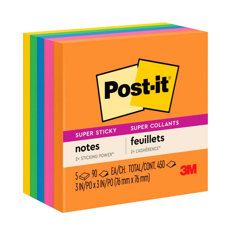 Post-it Sticky Plain Notes, 3 x 3 Inches, Energy Boost Colors, 5 Pads with 90 Sheets, 1 of 3