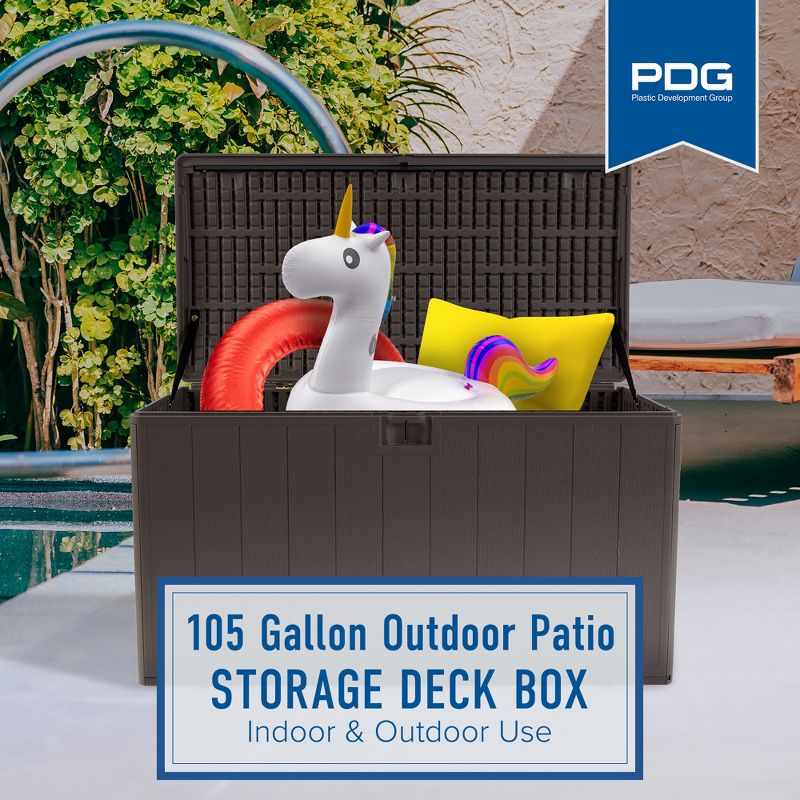 Plastic Development Group 105 Gallon Weatherproof Resin Outdoor Patio Storage Deck Box with Secure Lid Retainer Straps, Driftwood Gray, 4 of 7