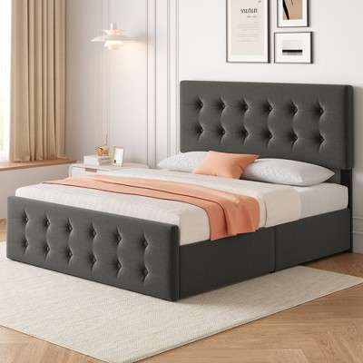 Whizmax Bed Frame with 4 Storage Drawers and Headboard, Linen Upholstered Platform Bed Frame with Wooden Slats Support, Button Tufted Design