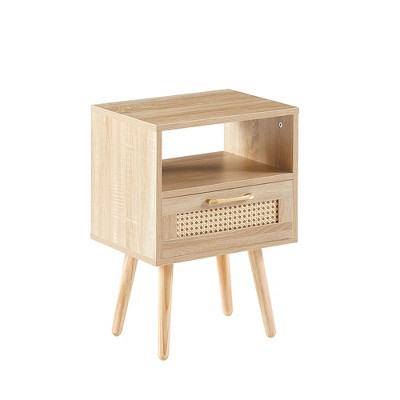 NicBex Rattan Nightstand with Drawer and Open Storage Space Modern Bedside Table with Solid Wood Legs for Bedroom,Living Room