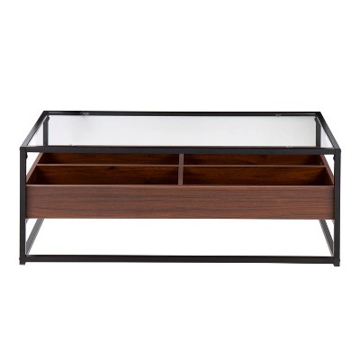 Contemporary Black Steel and Walnut Wood Coffee Table with Clear Glass Top