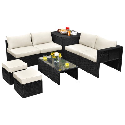 Tangkula 8PCS Patio Conversation Set Sectional Sofa Set, All-Weather PE Rattan, Tempered Glass Table & Washable Cushion Covers