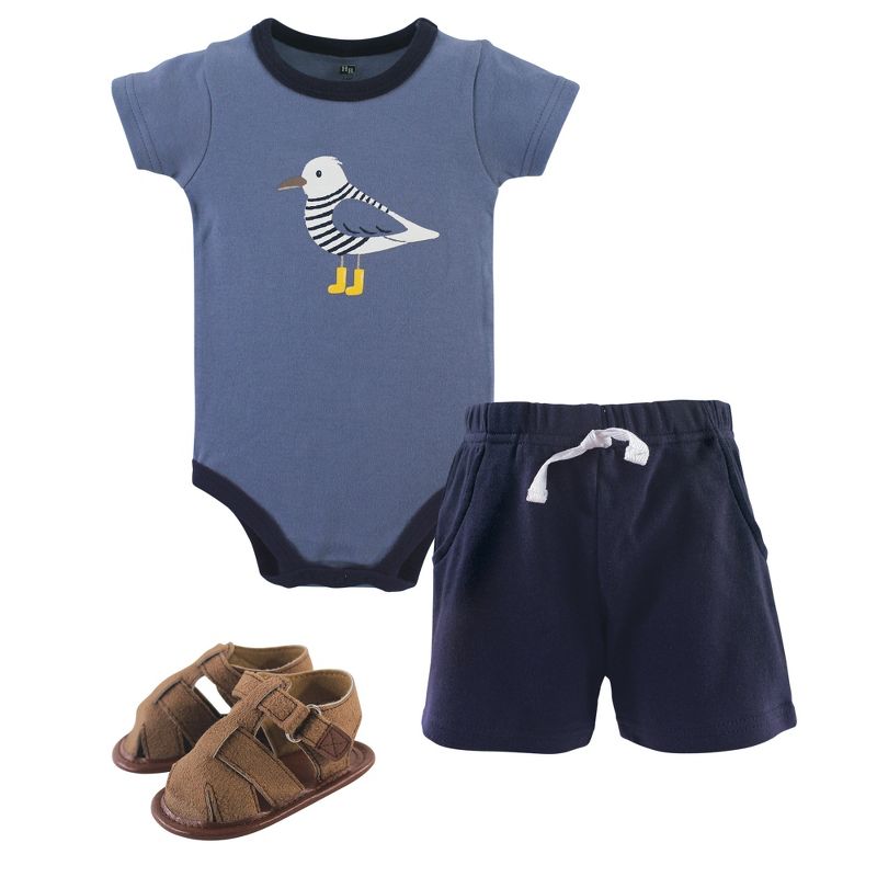 Hudson Baby Infant Boy Cotton Bodysuit, Shorts and Shoe 3pc Set, Seagull, 1 of 3