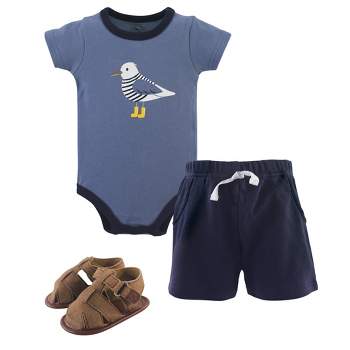 Hudson Baby Infant Boy Cotton Bodysuit, Shorts and Shoe 3pc Set, Seagull
