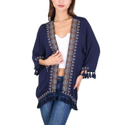 Anna-Kaci Swim Women's Boho Tassel Duster with Unique Embroidery and 3/4 Sleeves - One Size Fits Most, Navy