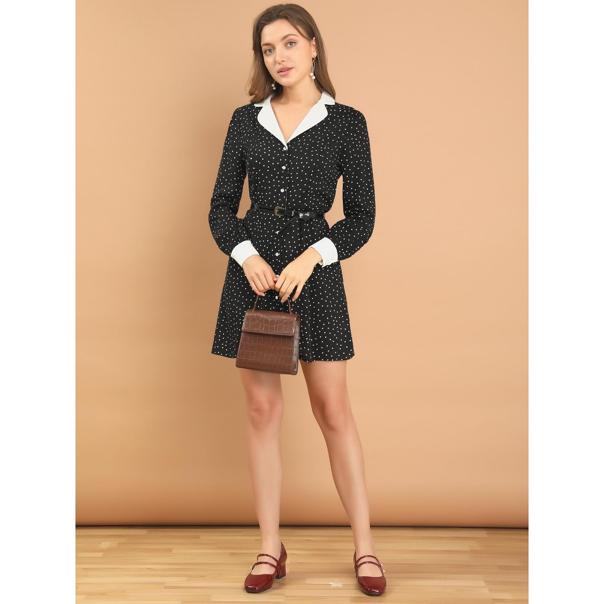 Женские платья INSPIRE CHIC Women's Polka Dots Peter Pan Contrast Collar Party Shirt Dresses Small Black — фото 5