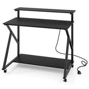 Costway Rolling Computer Desk with Charging Station Monitor Stand Storage Shelf for Writing Rustic Brown/Black - 1 of 1