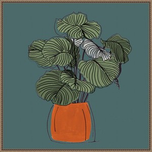 30"x30" The Retro Potted Plant on Teal I by Patricia Pinto Framed Canvas Wall Art Print: Botanical Canvas, Brown Frame - Amanti Art - 1 of 4