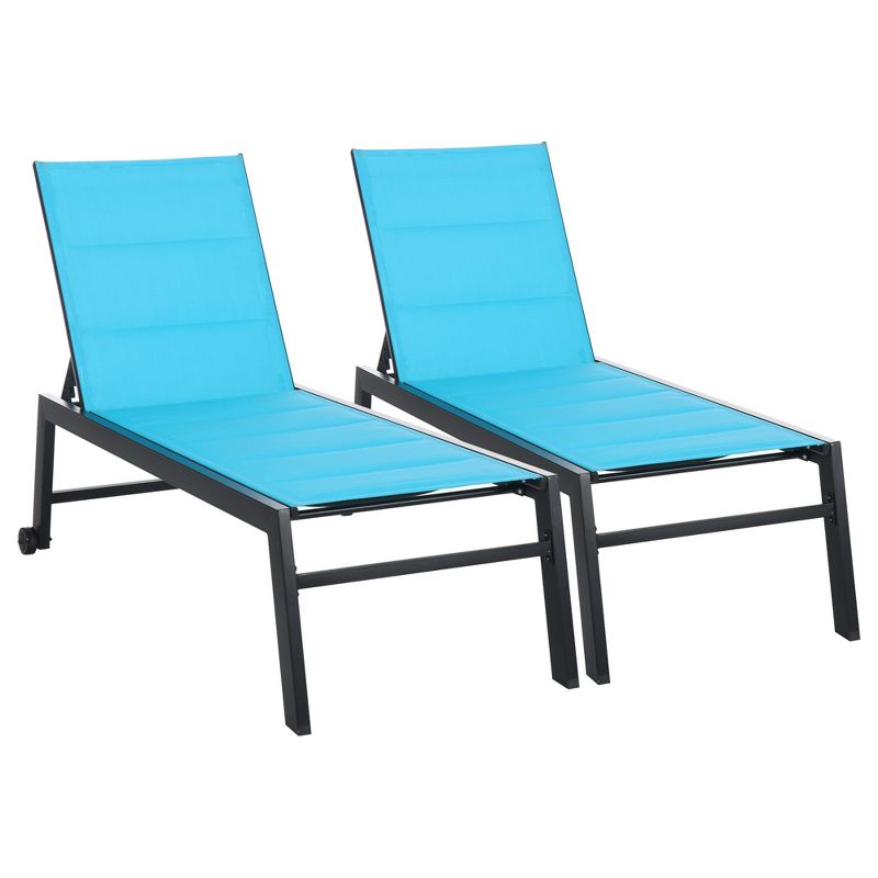 Outsunny Chaise Lounge Outdoor Pool Chair Set of 2 with Wheels, Five Position Recliner for Sunbathing, Suntanning, Breathable Fabric, Blue, 1 of 7
