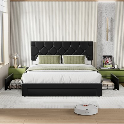 VECELO Queen/Full/Twin Size Bed Frame Leather Upholstered Platform Bed with Drawers and Headboard, Black/White