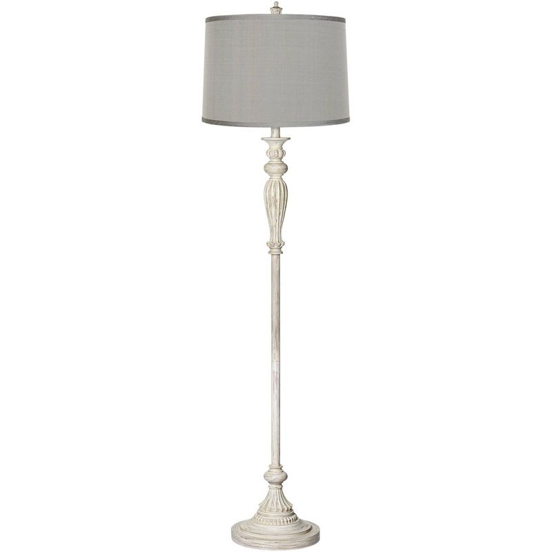 Possini Euro Design Vintage Shabby Chic Floor Lamp 60" Tall Antique White Washed Platinum Gray Silk Drum Shade for Living Room Office, 1 of 4