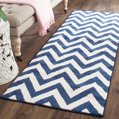Navy and Beige Chevron Synthetic Runner Rug