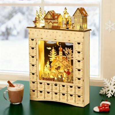 NAYSAYE Christmas Advent Calendar, Wooden 24 Drawers Lighted Village Scene for Table Mantel Reusable Countdown Holiday Gift, Beige, 14.3"*3.5"*20.5"