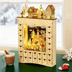 NAYSAYE Christmas Advent Calendar, Wooden 24 Drawers Lighted Village Scene for Table Mantel Reusable Countdown Holiday Gift, Beige, 14.3"*3.5"*20.5" - 1 of 4