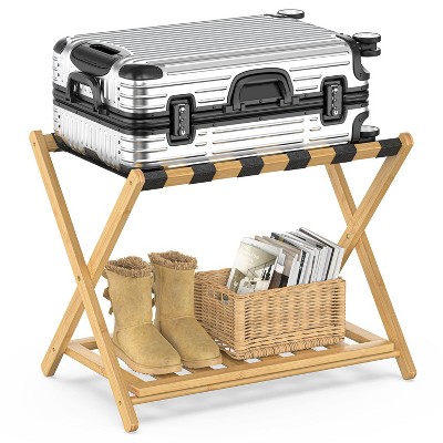 Bamboo Luggage Rack for Guest Room, Wide Suitcase Stand with Storage Shelf, Folding Luggage Stand Holder for Bedroom Hotel, Thickened Luggage Rack