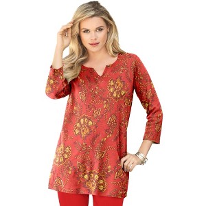 Roaman's Plus Size Three-Quarter Sleeve Notch Neck Soft Knit Tunic - 1 of 4