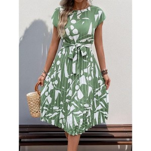 Coolmee Women's Caual Midi Dress Short Sleeve Crewneck A-line Swing Dress With Belt Dress - 1 of 4