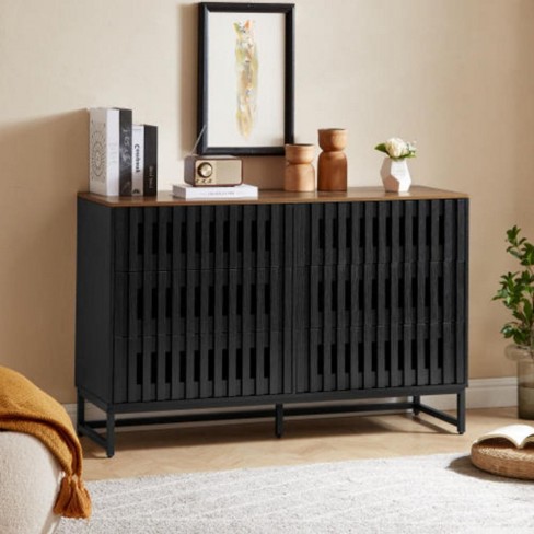 6 Drawer Double Dresser with Slatted Grille Striped Drawer, Modern Style Dresser, High-Quality MDF and Metal Leg - image 1 of 4