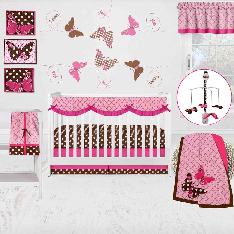 Bacati - Buttefly Pink Chocolate 10 pc Crib Bedding Set with Long Rail Guard Cover, 1 of 12