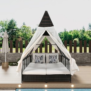 Chic Crate-Weatherproof Outdoor Daybed - Adjustable Backrest & Double Sun Lounger with Detachable Curtains, 4 Cushions for Patio (Cream) - 1 of 4