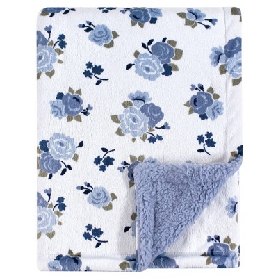 Luvable Friends Unisex Baby Plush Blanket with Sherpa Back - Blue Floral