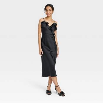 A New Day Women's Size XS Midi Slip Dress Adjustable Straps Black