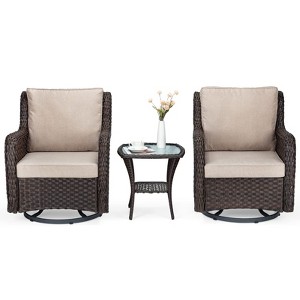 3-Piece Outdoor Wicker Patio Bistro Set w/ 2 360-Degree Swivel Rocking Chairs & Tempered Glass Top Side Table, 360° Swivel Patio Set for Backyard - 1 of 4