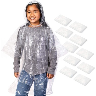 Juvale 10 Pack Disposable Kids Rain Ponchos with Hood, Clear Plastic Raincoats, 42.5 x 36.5 In