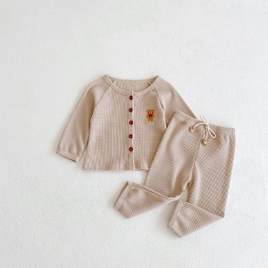 MyKids-USA Baby Cartoon Bear Embroidered Graphic Button Front Waffle Knitted Cardigan Combo Pants Sets - 1 of 4
