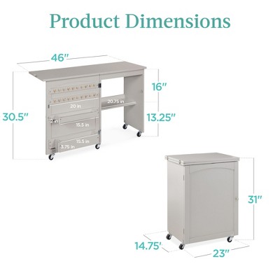 Gray Folding Sewing Table with Storage and Wheels