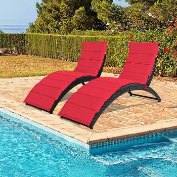 Costway 2PCS Folding Patio Rattan Lounge Chair Chaise Cushioned Portable Garden Lawn Red