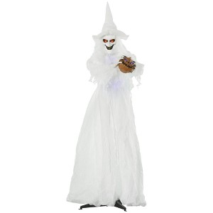 Outsunny 74" Life Size Outdoor Halloween Decorations White Witch Holding Pumpkin Head, Standing Skeleton Ghost Animated Prop Décor - 1 of 4
