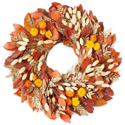 Wind & Weather Handcrafted Fall Colors Preserved Leaves and Flowers Wreath