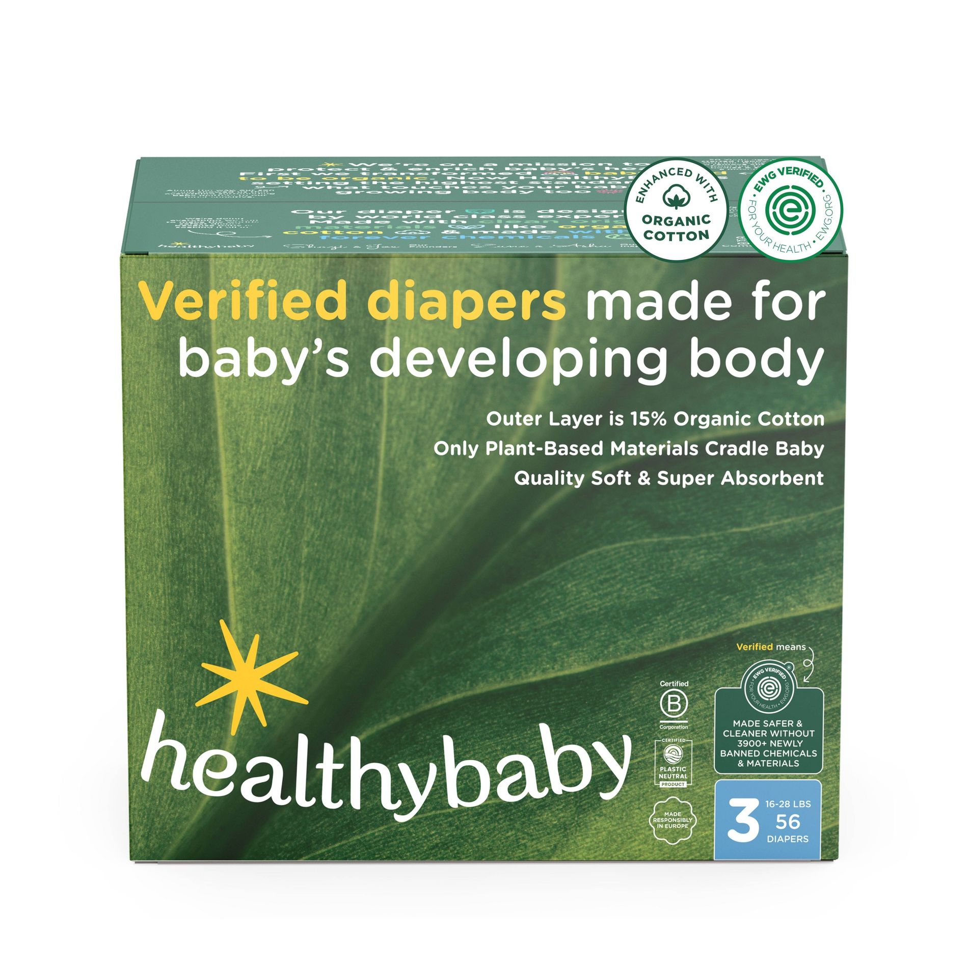 HealthyBaby Certified Safe Organic Cotton Enhanced Diapers - Size 3 - 56ct