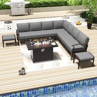 ALAULM Aluminum Patio Furniture Set Modern Metal Outdoor Conversation Sets w/45in Propane Fire Pit Table, Patio Sectional Sofa w/5.1 Inch Cushion
