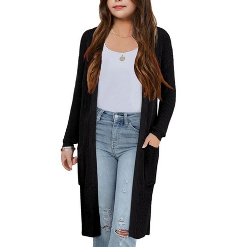 Girls Knee Length Cardigan Long Sleeve Open Front Sweater With Side Pockets black M Target