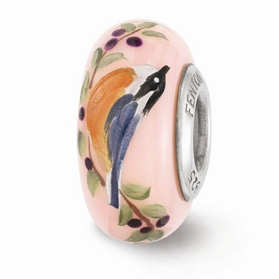 Black Bow Jewelry Fenton Pink Hand Painted Nuthatch Glass & Sterling Silver Bead Charm