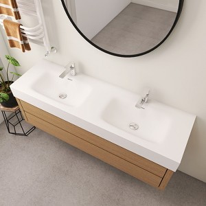 59 x 18 in. Solid Surface Wall Mount Bathroom Double Vessel Sink with Faucet Holes in Matte White - 1 of 4