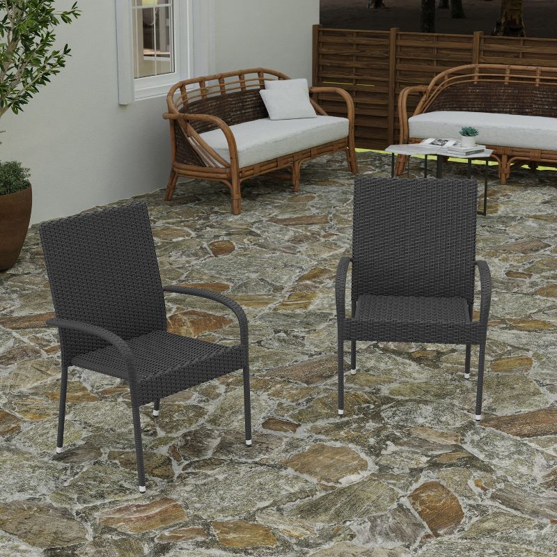 Merrick Lane Set of Indoor/Outdoor Black Wicker Patio Chairs with Powder Coated Steel Frame, Comfortably Curved Back and Arms, 3 of 11