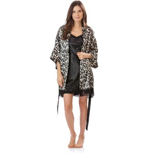 Ashford & Brooks Women's 2 Piece Satin Robe and Nightie Set - Leopard/Black - Large - 1 of 4