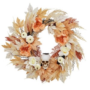 Wreaths for Front Door, 22 Inch Prelit Fall Maple Leaves Wreath with 20 LED Lights , Light Up Halloween Decorations for Wall Window Porch Indoor - 1 of 4